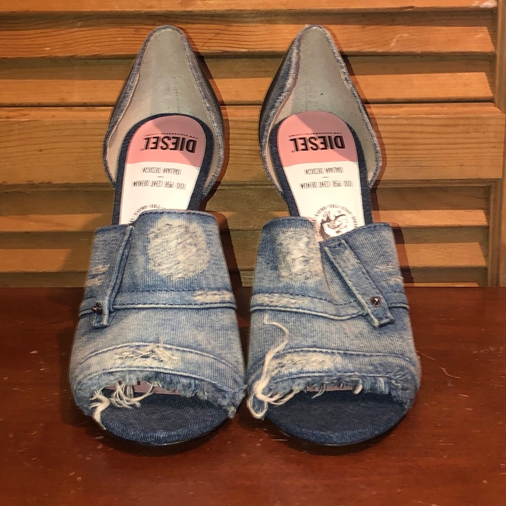 Diesel Distressed Open Toe Denim Heels